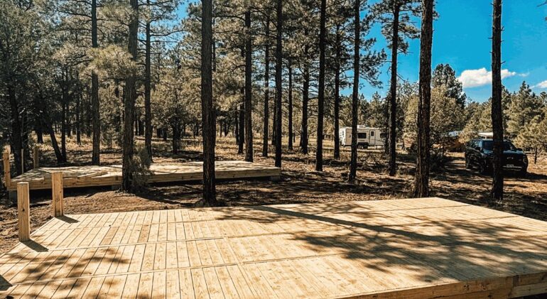 Wooden decks in the forest for use in an RV park.