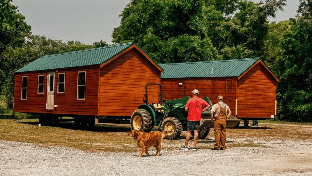 The photo shows two men standing in front of two wooden houses.