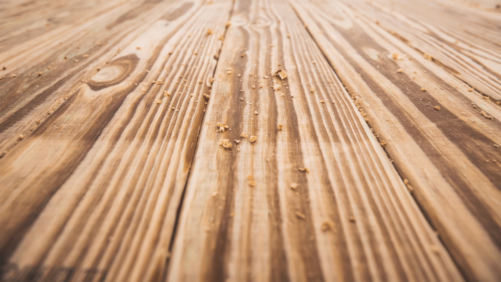 the photo shows a wooden board with visible grain and wood particles