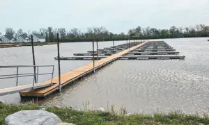 Wooden dock decking at a marina.