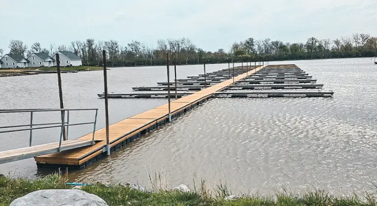 Wooden deck in the water for marines.
