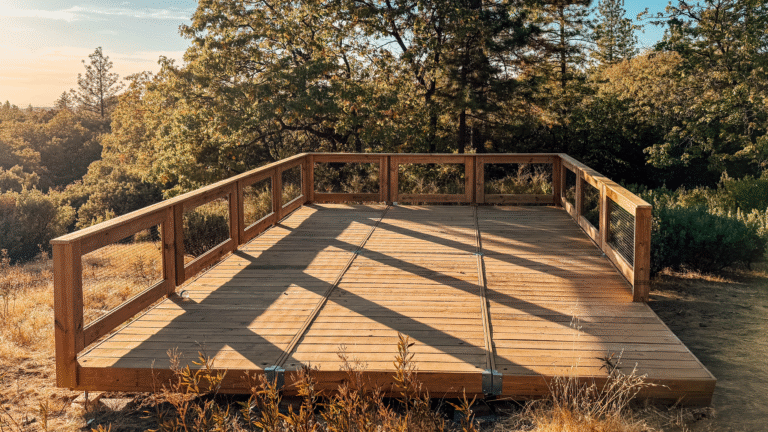 A modular wooden deck with railing, elevated slightly above ground and surrounded by natural vegetation and trees, bathed in warm sunset light in a forested outdoor setting.