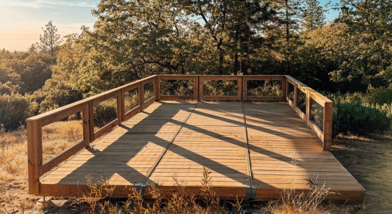 A modular wooden deck with railing, elevated slightly above ground and surrounded by natural vegetation and trees, bathed in warm sunset light in a forested outdoor setting.