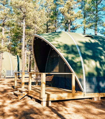 Two green glamping tents on wooden decks set among tall pine trees, with chairs on the porches and sunlight filtering through the forest.