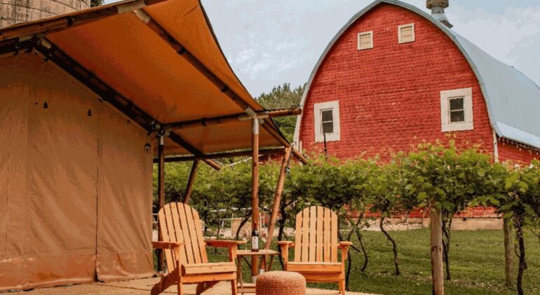 A wooden deck with a table, chairs, a pouf, and a gable tent. The tent is located near the wine cellar.