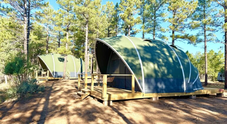 Two large, green, arched glamping tents built on raised wooden platforms in a sunny pine forest. The tent in the foreground features a small wooden deck with chairs and steps leading up to it.